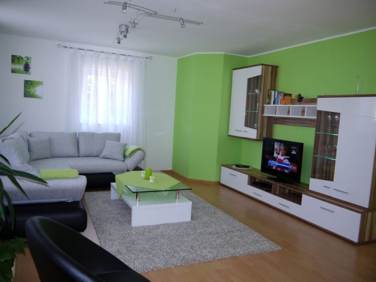 Wohnzimmer mit grüner Akzentwand und Mediawand