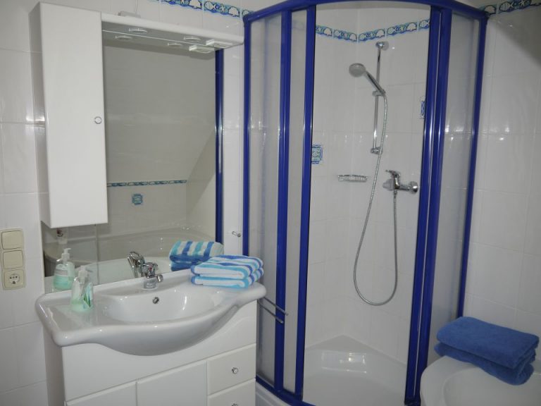 Blau geflieste Dusche mit Waschbecken